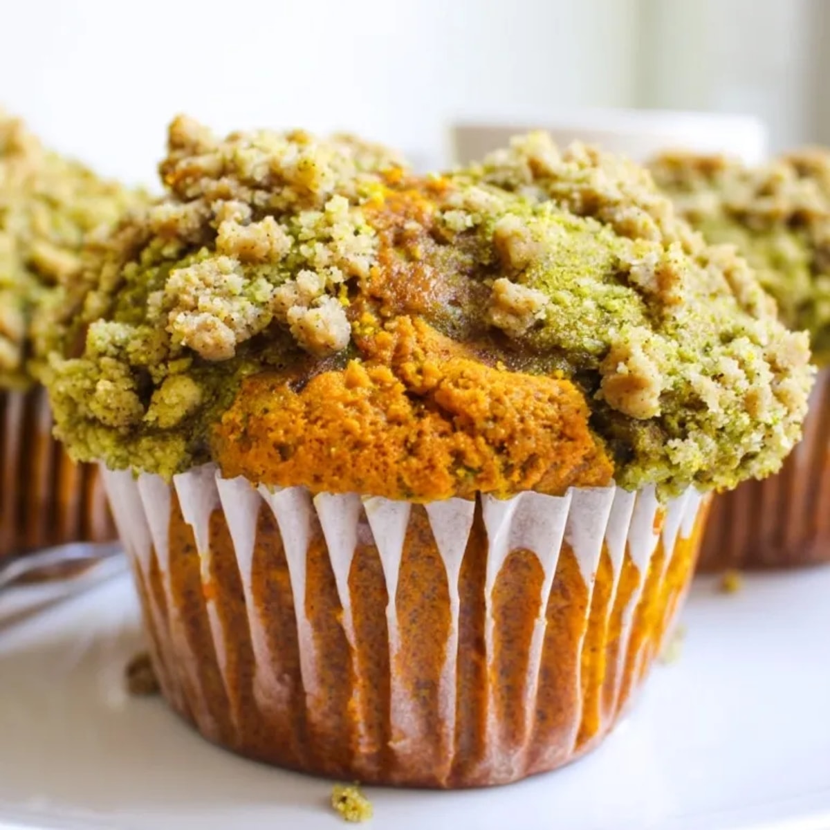 Golden Matcha Pumpkin Muffins with Streusel Topping: Freshly baked, subtly spiced, delightfully aromatic treat.