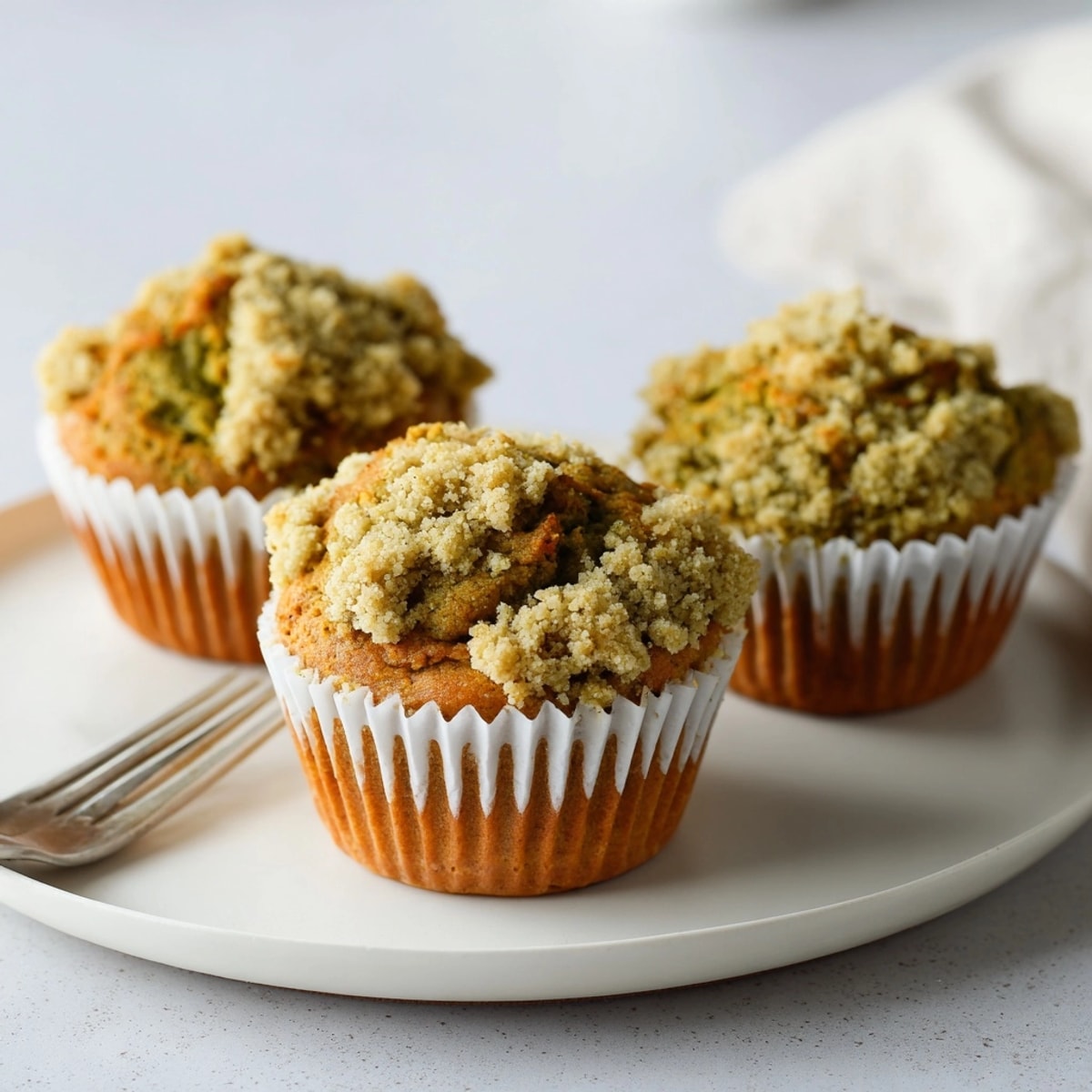 Top-down view of delicious Matcha Pumpkin Muffins: Brown sugar streusel glistens atop matcha-tinted domes.