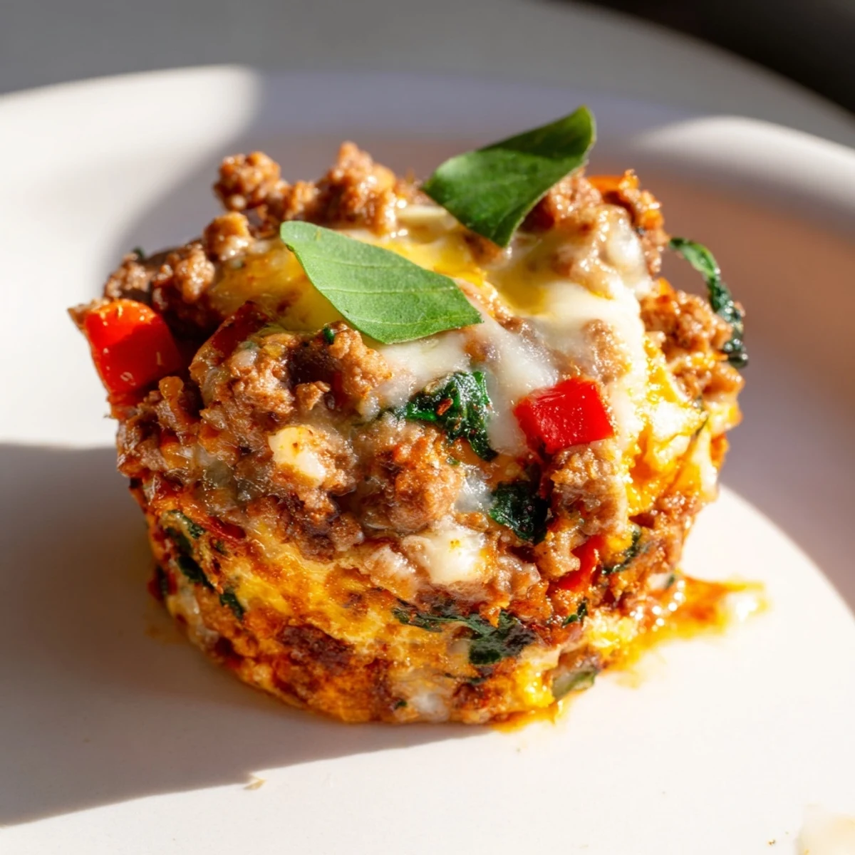 Savory Spicy Lasagne Soup Egg Muffins filled with melty cheese and vegetables.  