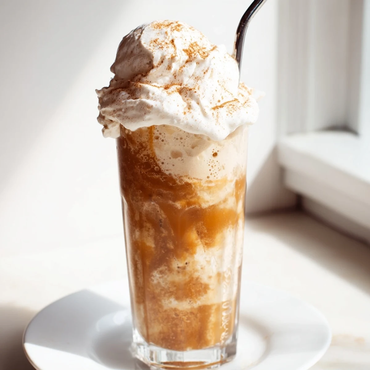 Creamy pumpkin cream soda floats topped with whipped cream for a festive treat.  