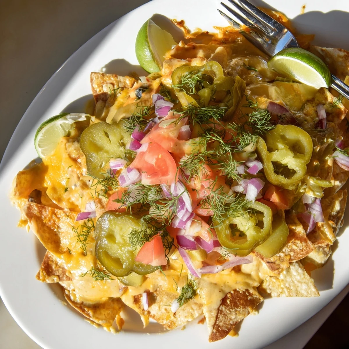 Crispy Dill Pickle Margarita Nachos topped with melted cheese and fresh veggies.  