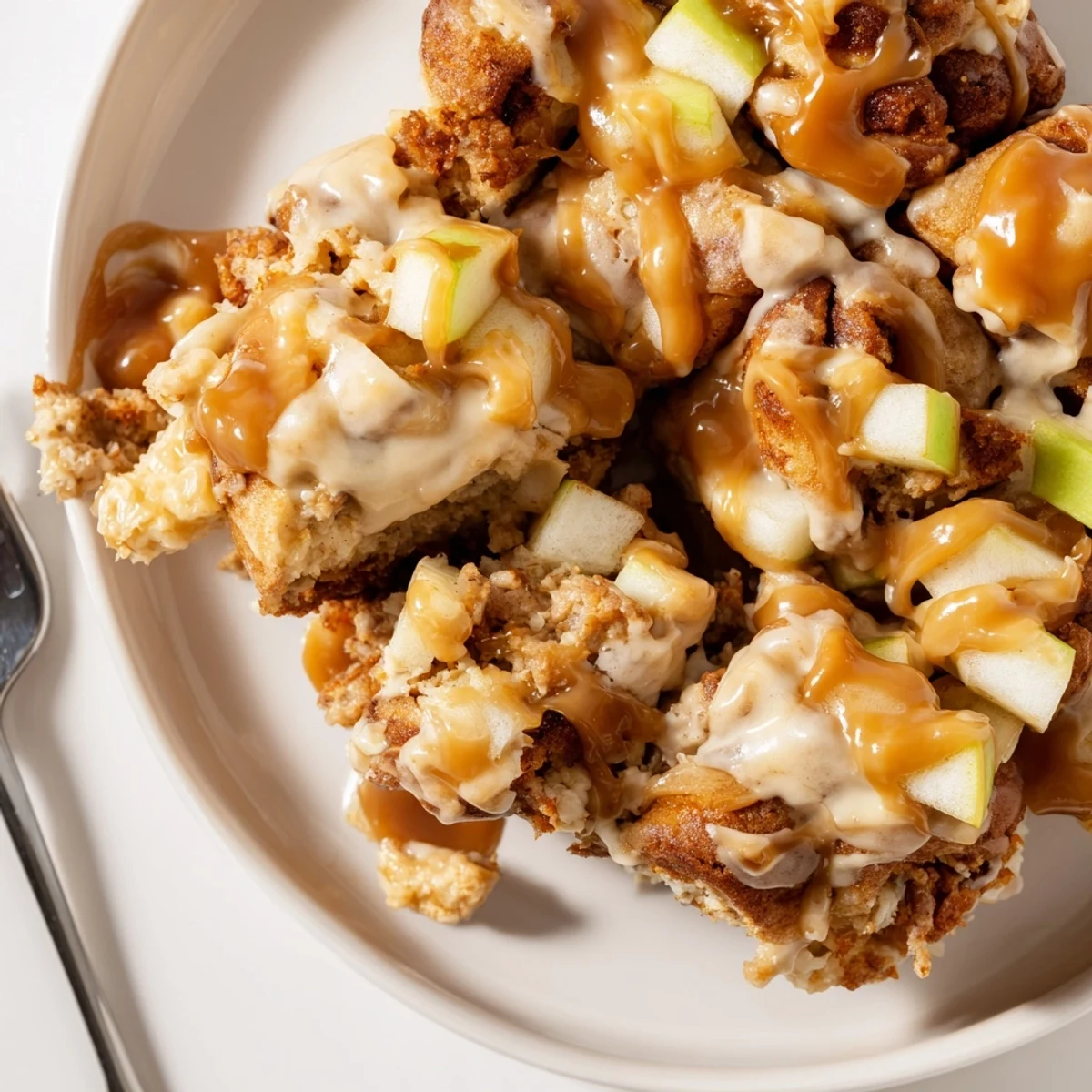 Golden brown caramel apple cinnamon roll bake bursting with flavor and warmth.