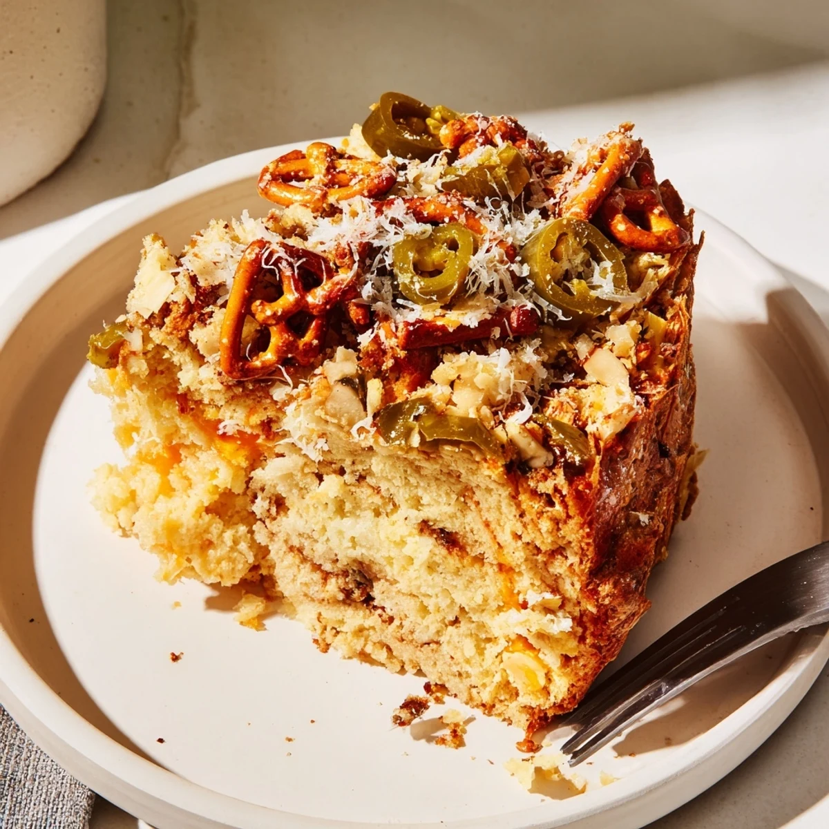 Savory Spicy Ranch Pretzel “Chaos Cake” topped with jalapeños and crunchy pretzels.  