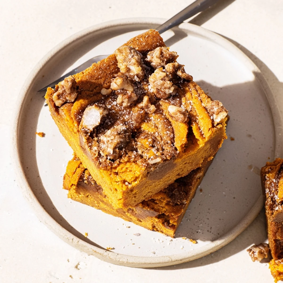 Chewy Coffee Crunch Pumpkin Pie Blondies topped with crunchy espresso shards and spices.  