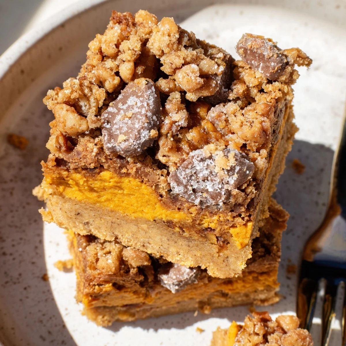 Delightful autumn Coffee Crunch Pumpkin Pie Blondies with a creamy pumpkin filling layer.  
