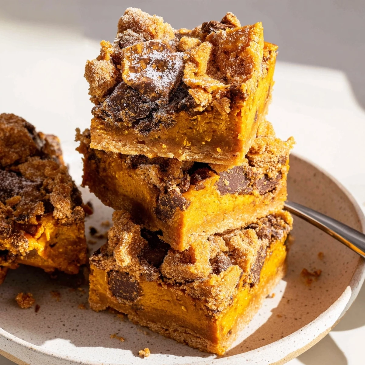 Savory Coffee Crunch Pumpkin Pie Blondies showcasing a spiced pumpkin base and espresso topping.