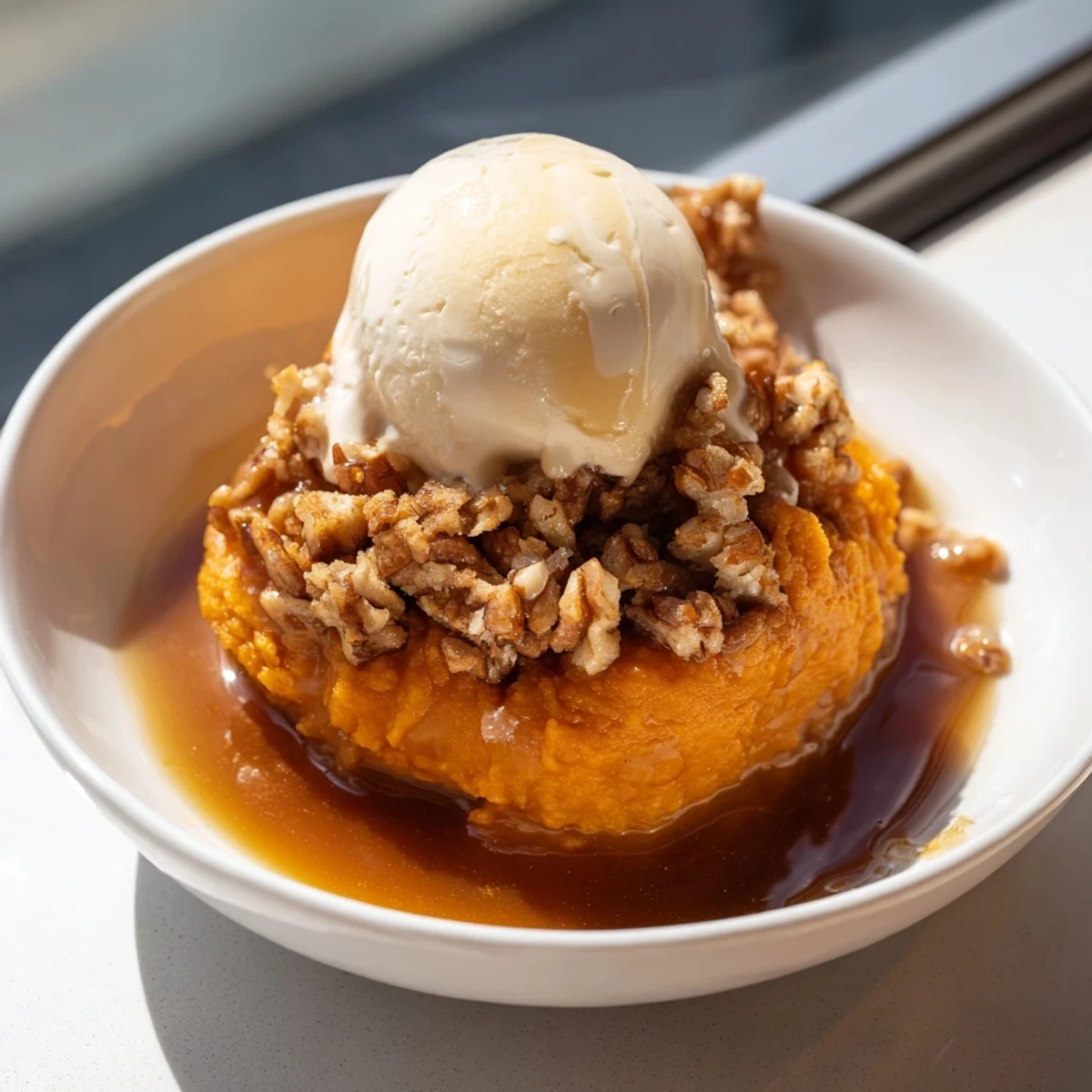 Creamy sweet potato casserole topped with crunchy pecans and warm caramel drizzle.  
