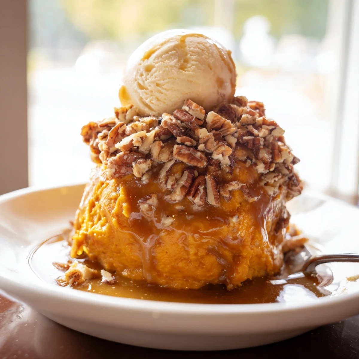 Indulgent sweet potato casserole rebel float garnished with vanilla ice cream scoop.  