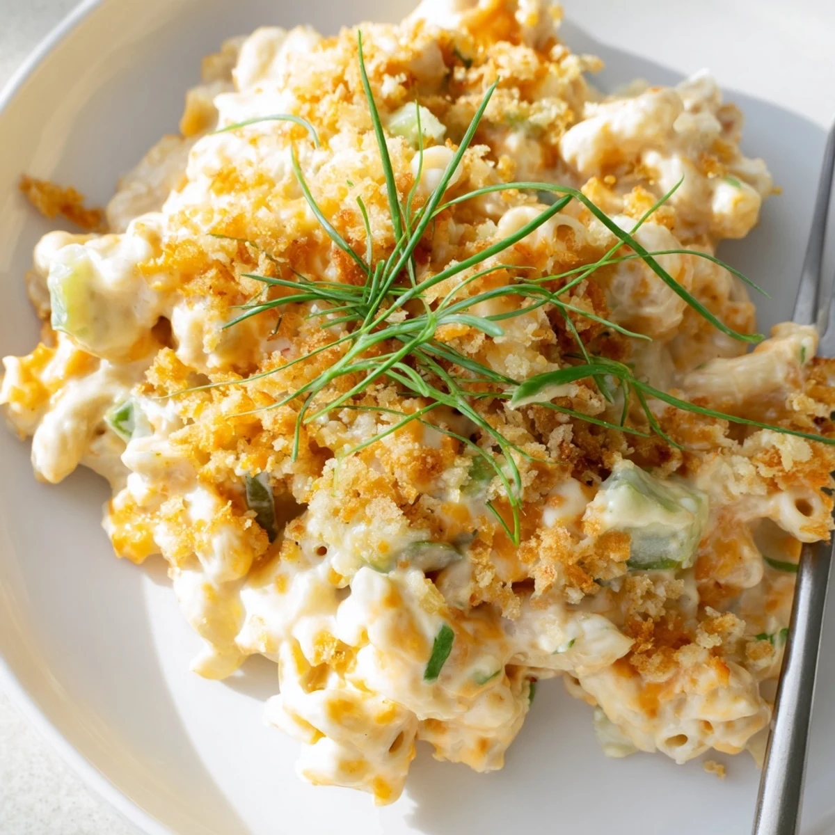 Creamy Sriracha Pickle Mac and Cheese topped with crispy panko and fresh chives.  