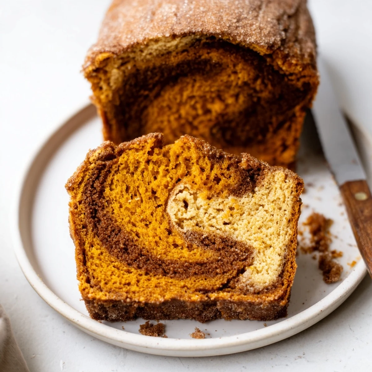 Moist Churro Pumpkin Snickerdoodle Bread with cinnamon sugar topping, perfect for fall.