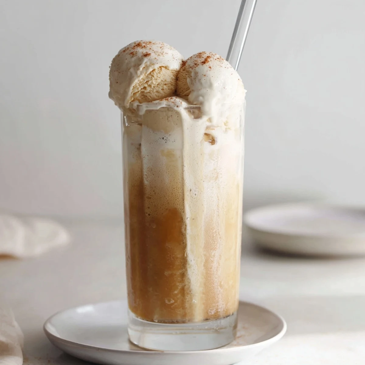 Delicious pumpkin cream soda floats topped with whipped cream and spiced cinnamon garnish.  