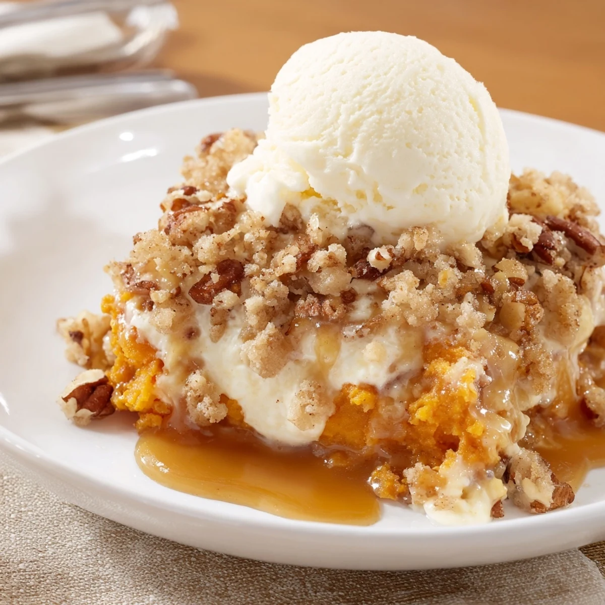Creamy Sweet Potato Casserole Rebel Float topped with spiced caramel and vanilla ice cream.  