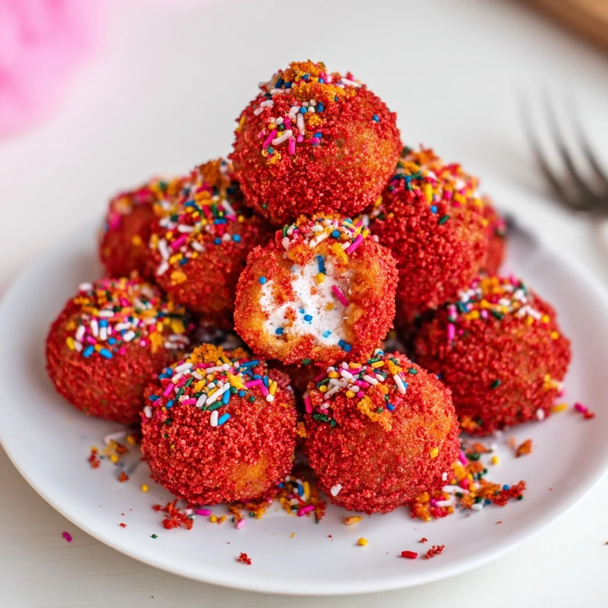 Flamin Hot Monster Cake Pancake Balls drizzled in vanilla glaze with colorful sprinkles.  