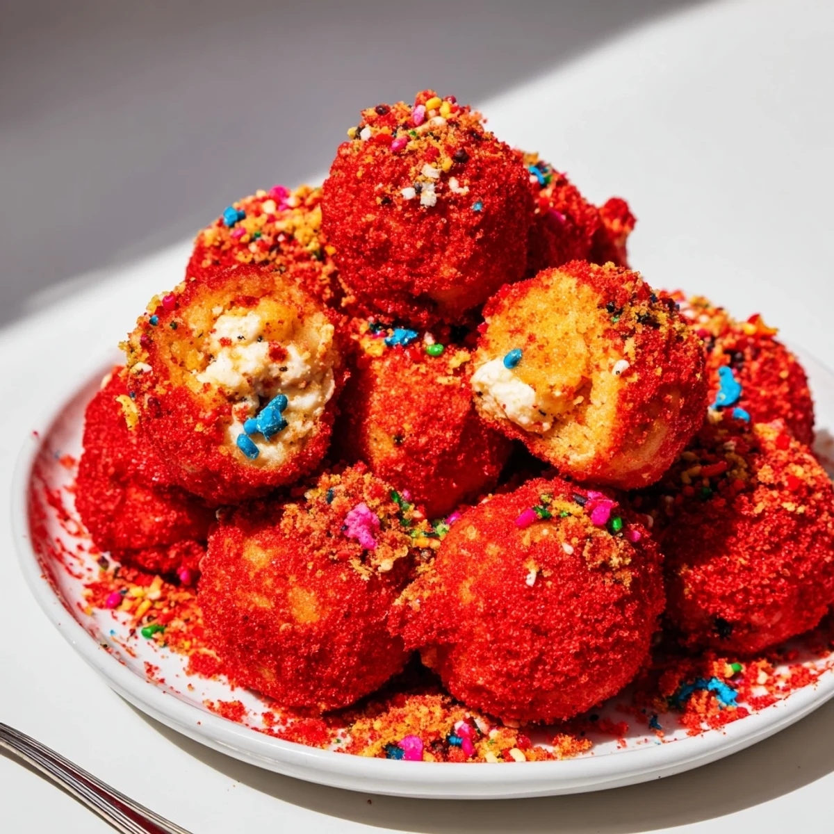 Golden Flamin Hot Monster Cake Pancake Balls with a crunchy spicy coating and creamy filling.  