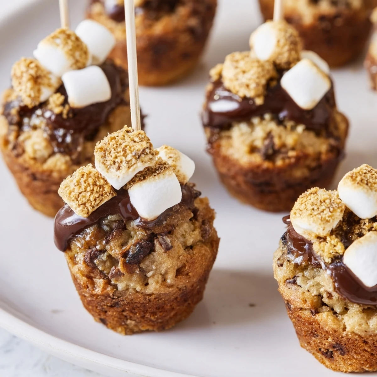 Whimsical S'mores Cinnamon Sweet Tea Muffin Pops topped with chocolate and marshmallows.  