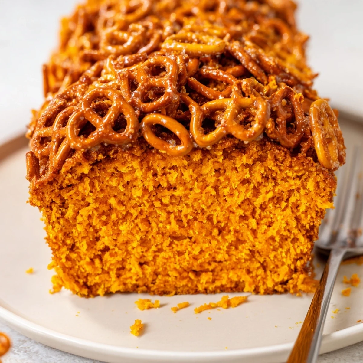 Moist Sweet Potato Cinnamon Pretzel Muffin Loaf topped with crunchy pretzel bits.  