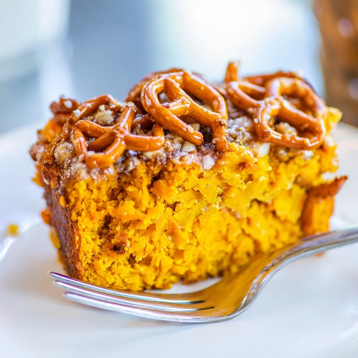 Slices of Sweet Potato Cinnamon Pretzel Muffin Loaf served with coffee, perfect snack.