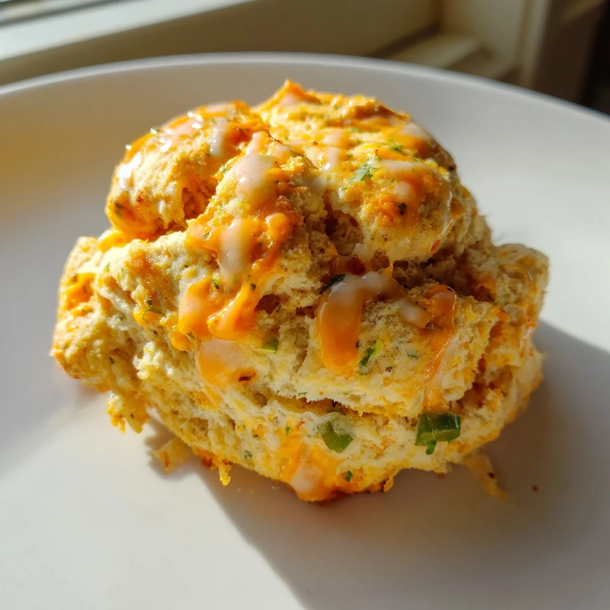 Fluffy Buffalo Ranch Chili Garlic Biscuit Scones drizzled with zesty herb sauce.  