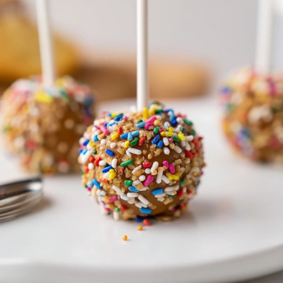 Delightful Caramel Apple Cheddar Birthday Cake Pops, coated in rich caramel and sprinkles.  
