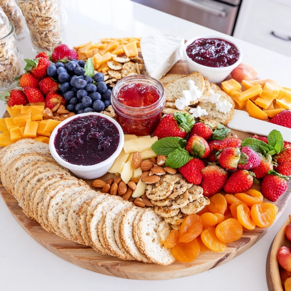 Vibrant jam-infused brunch board with fruits, cheeses, and artisan breads.  