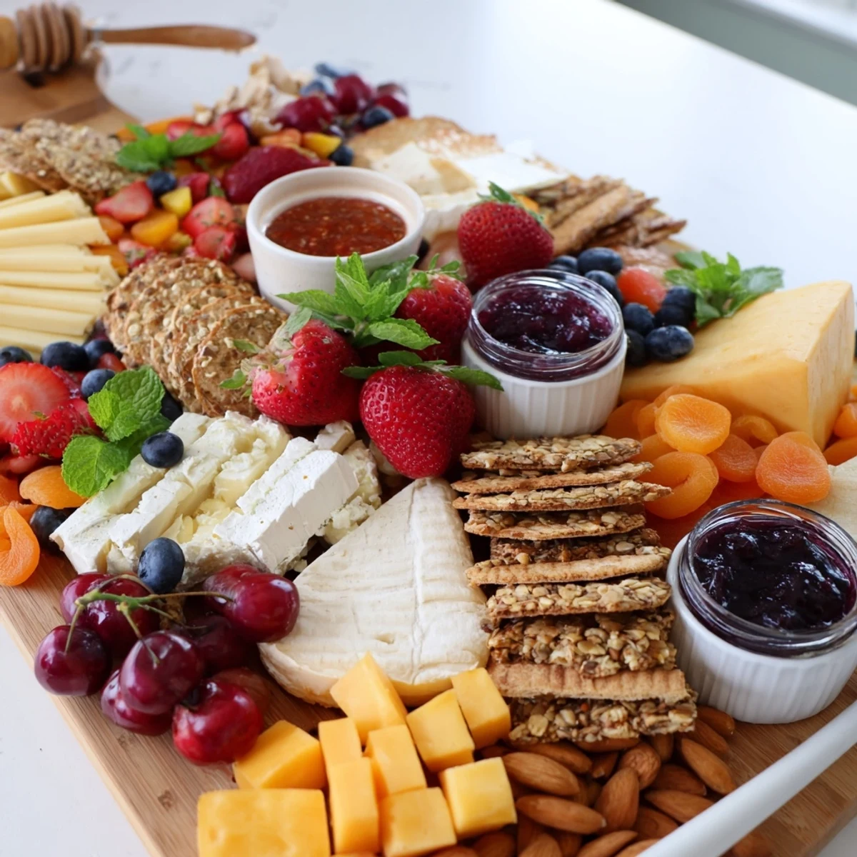 A delicious jam-infused brunch board featuring cheeses, seasonal fruits, and crusty bread.