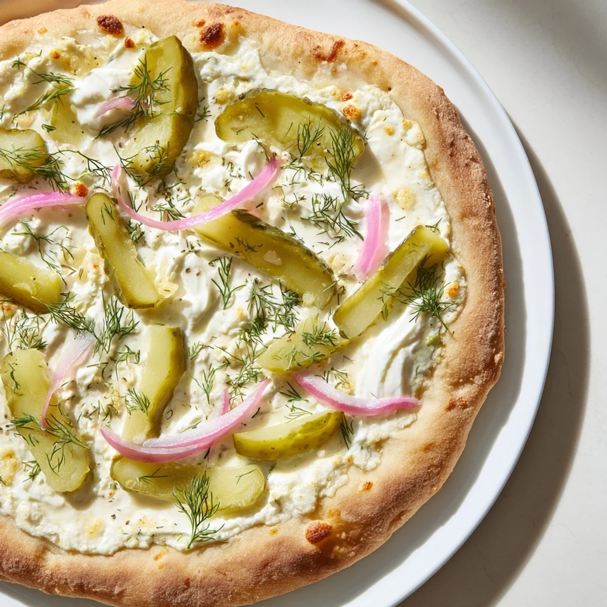 Tangy Pickle Pizza topped with creamy sauce and crunchy dill slices awaits.  