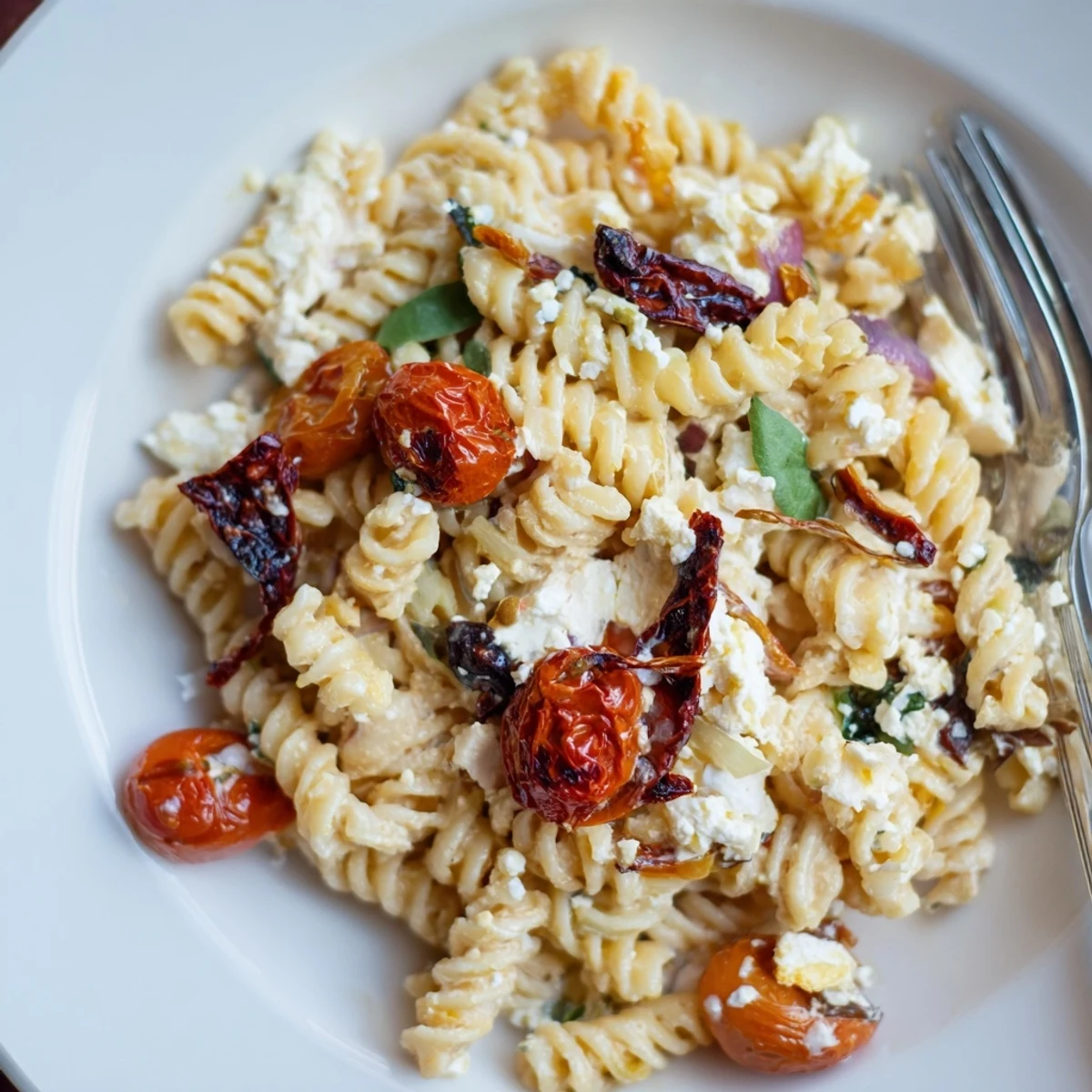 Creamy Baked Feta Pasta with caramelized onions and sun-dried tomatoes, bursting with flavor.  