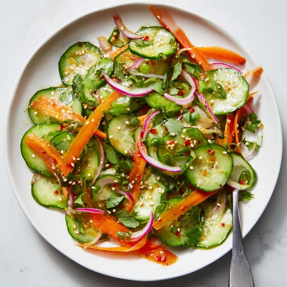 Refreshing cucumber salad remix with vibrant vegetables and savory Asian dressing.  