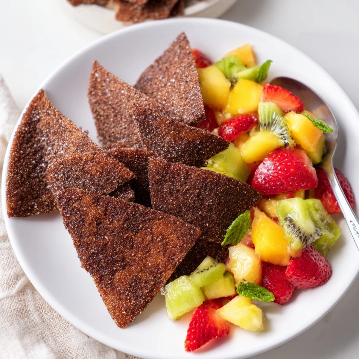 Crispy chocolate tortilla chips and fresh fruit salsa, a delightful dessert duo.  