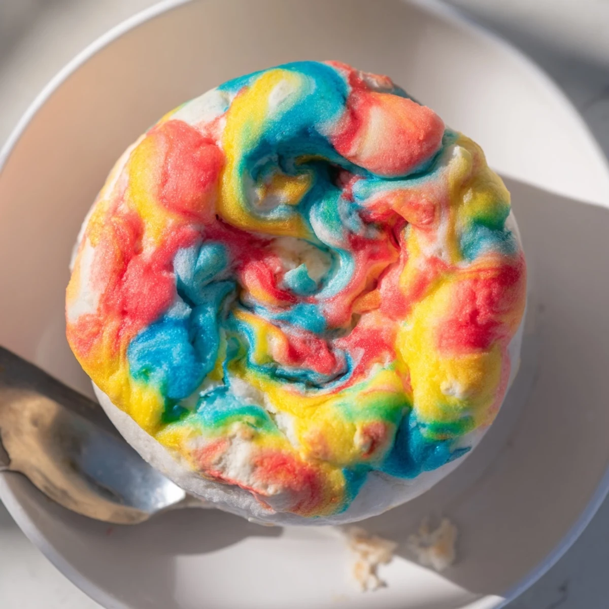 Fluffy cloud bread in bright rainbow colors, perfect for a delightful breakfast treat.  