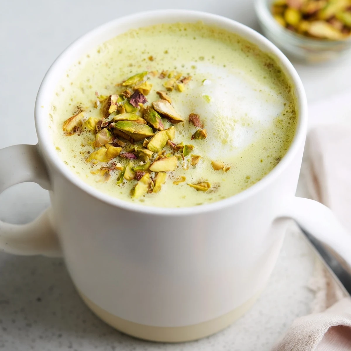 Warm and fragrant pistachio milk latte, ideal for a cozy café experience.