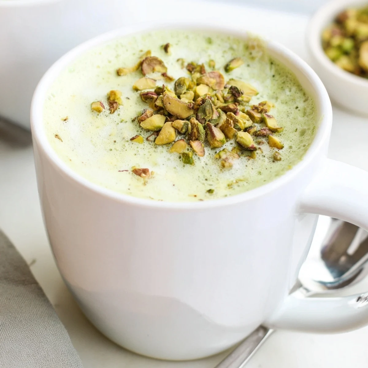 Delicious homemade pistachio milk latte garnished with crushed pistachios and vanilla.  