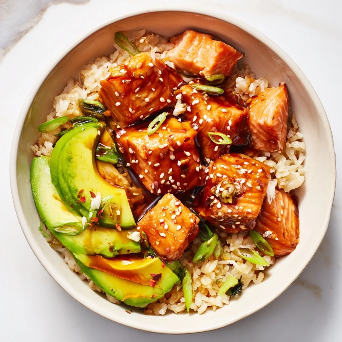 Delicious Leftover Salmon & Rice Bowl topped with avocado, cucumber, and sesame seeds.  
