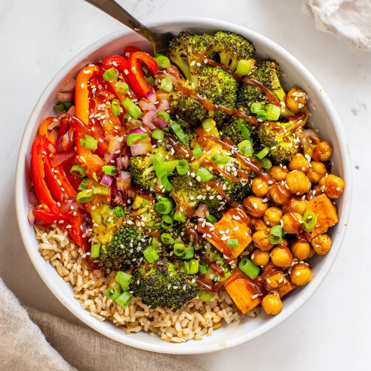 Hearty Bold Sauce Drizzle Bowls drizzled with miso-butter and gochujang-maple sauces.