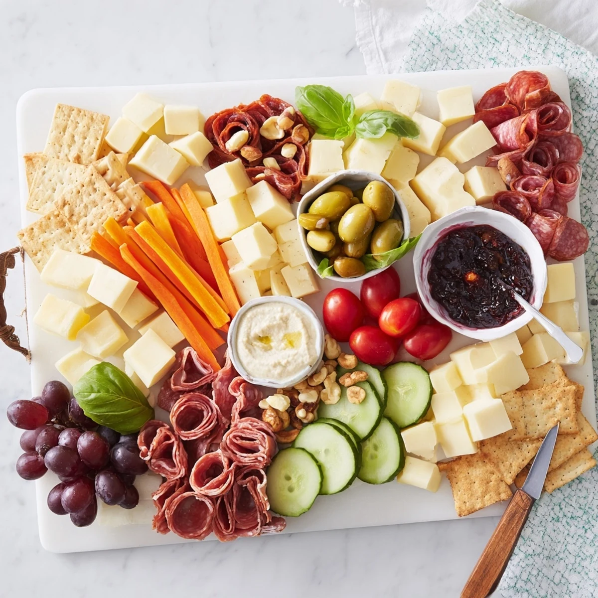A vibrant Girl Dinner Platter brimming with cheeses, fruits, and savory dips.  