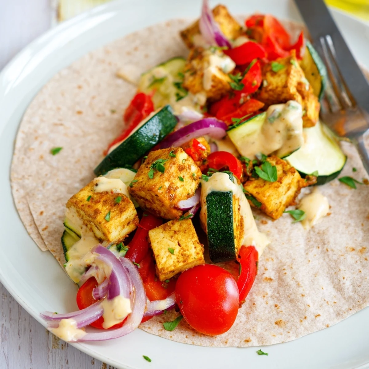 Vibrant Vegan Viral Recipe Re-make featuring roasted tofu and fresh vegetables in wraps.  