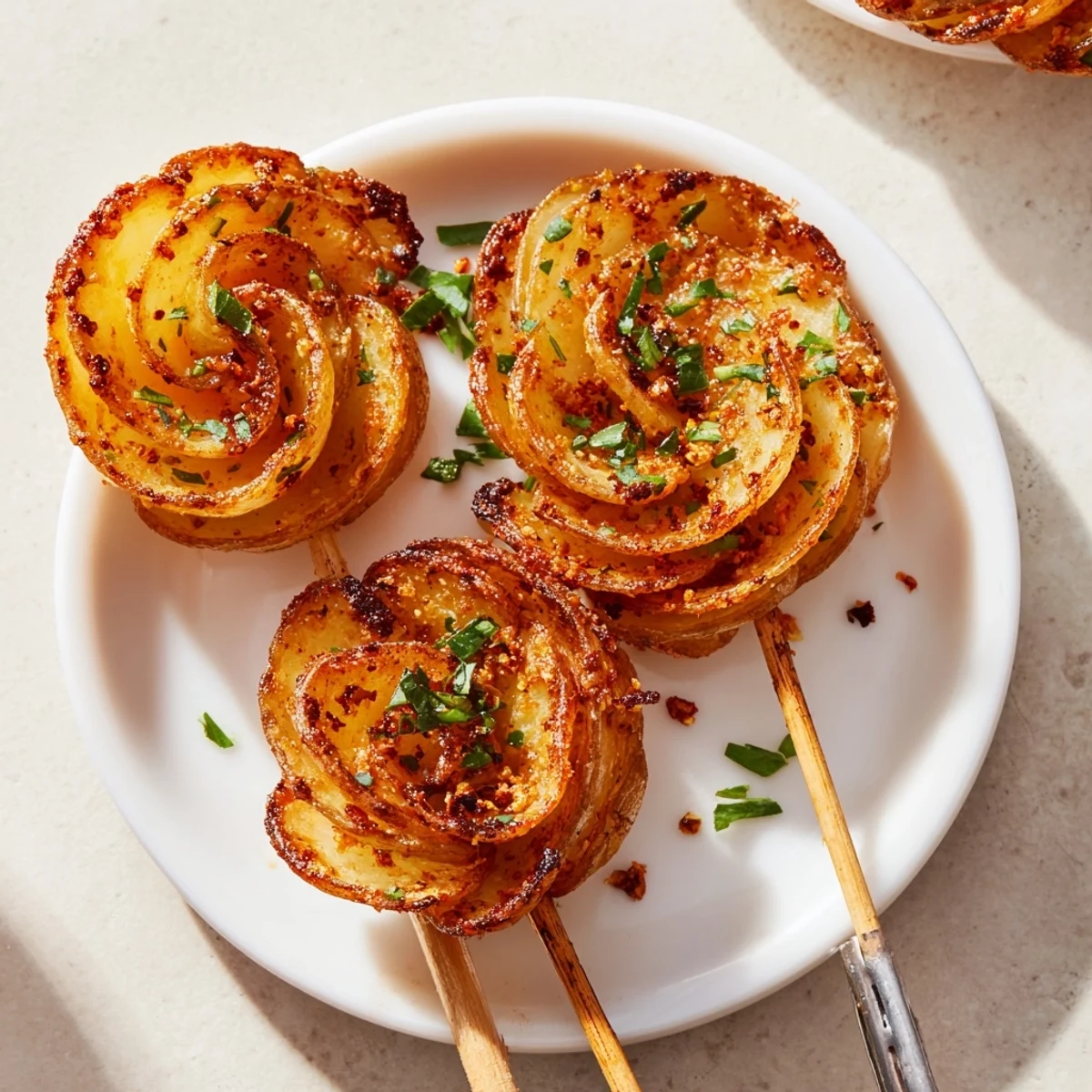 Crispy Air-Fryer Tornado Potatoes garnished with parsley and cheese, ready to enjoy.  