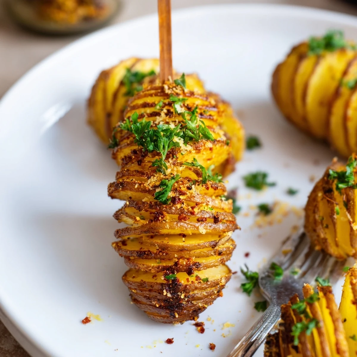 Colorful spiral-cut air-fryer tornado potatoes seasoned with garlic and paprika, served hot.  