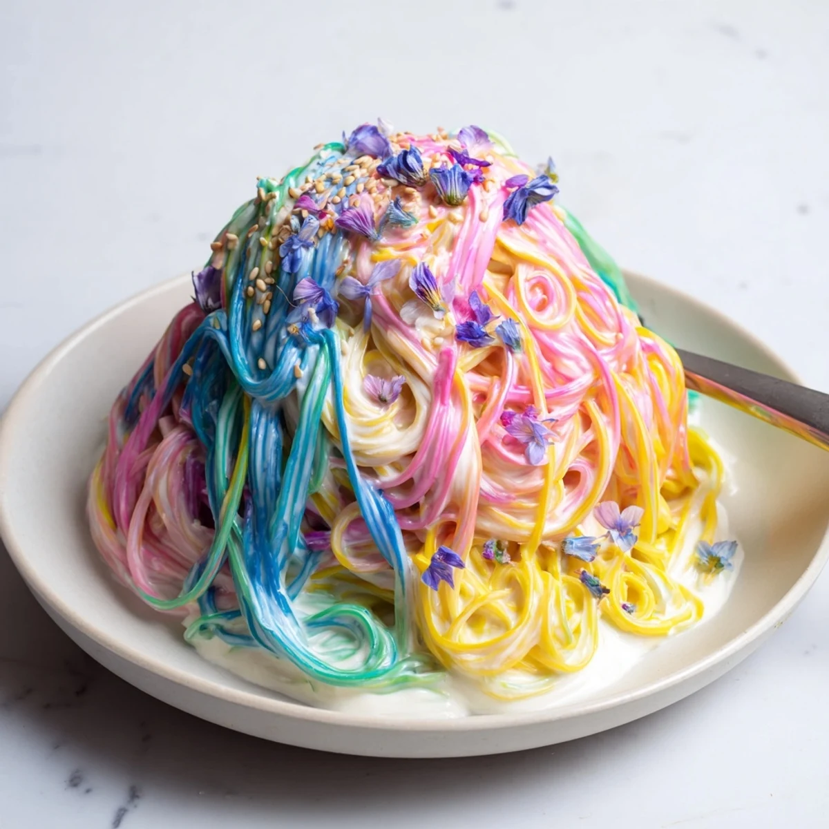 Vibrant Neon Noodle Cloud dish served in a bowl with creamy sauce.  