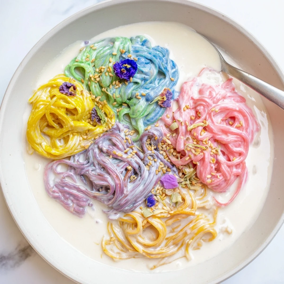 Delightful Neon Noodle Cloud featuring colorful pasta swirled in creamy, dreamy sauce.
