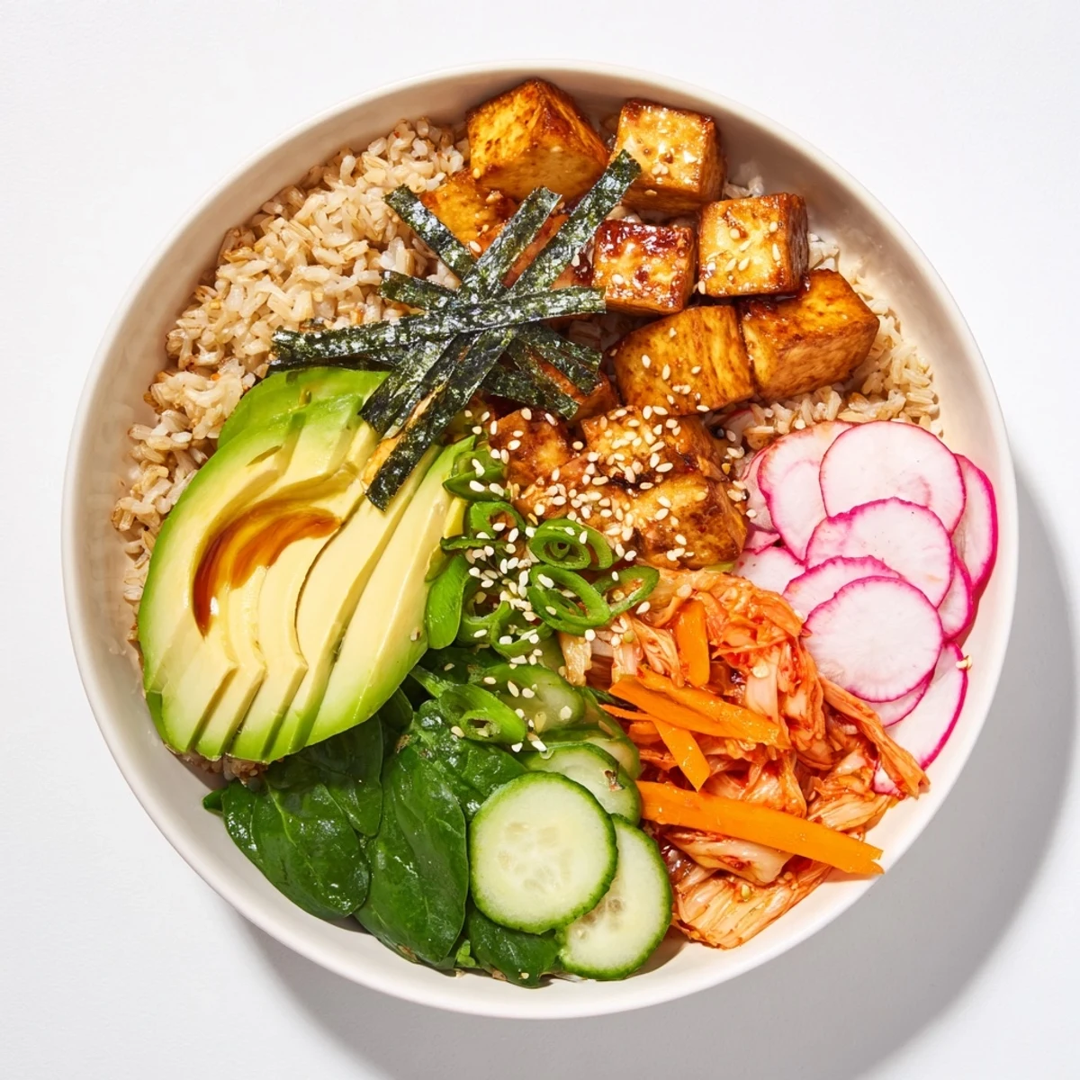 A colorful fermented vegetable bowl featuring tangy kimchi and fresh veggies.  