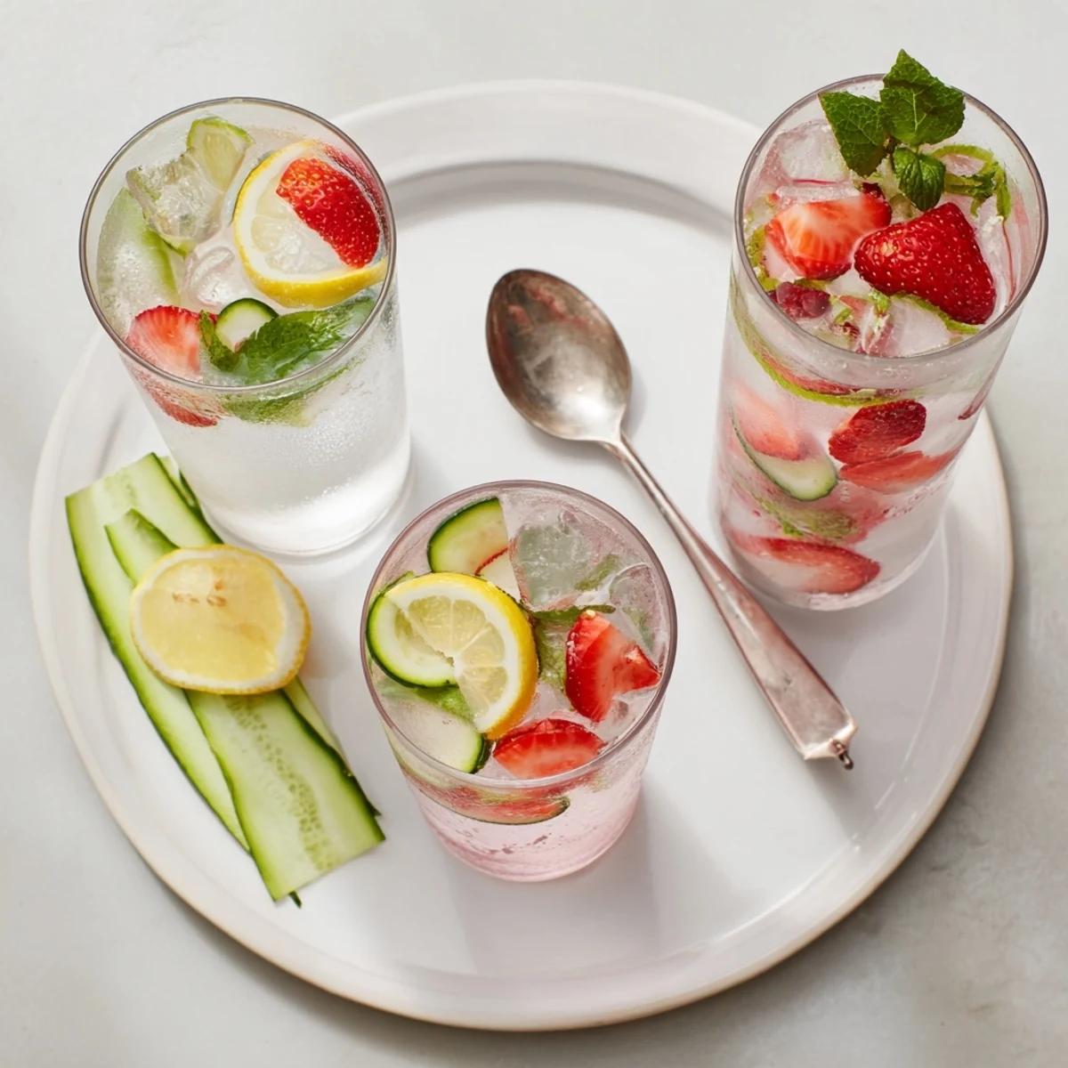 Refreshing water-based mocktails bursting with fresh fruit and mint leaves.  