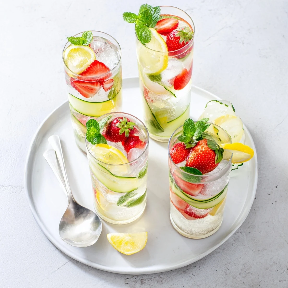 Colorful mocktails with strawberry syrup and sliced lemons for a summer treat.  