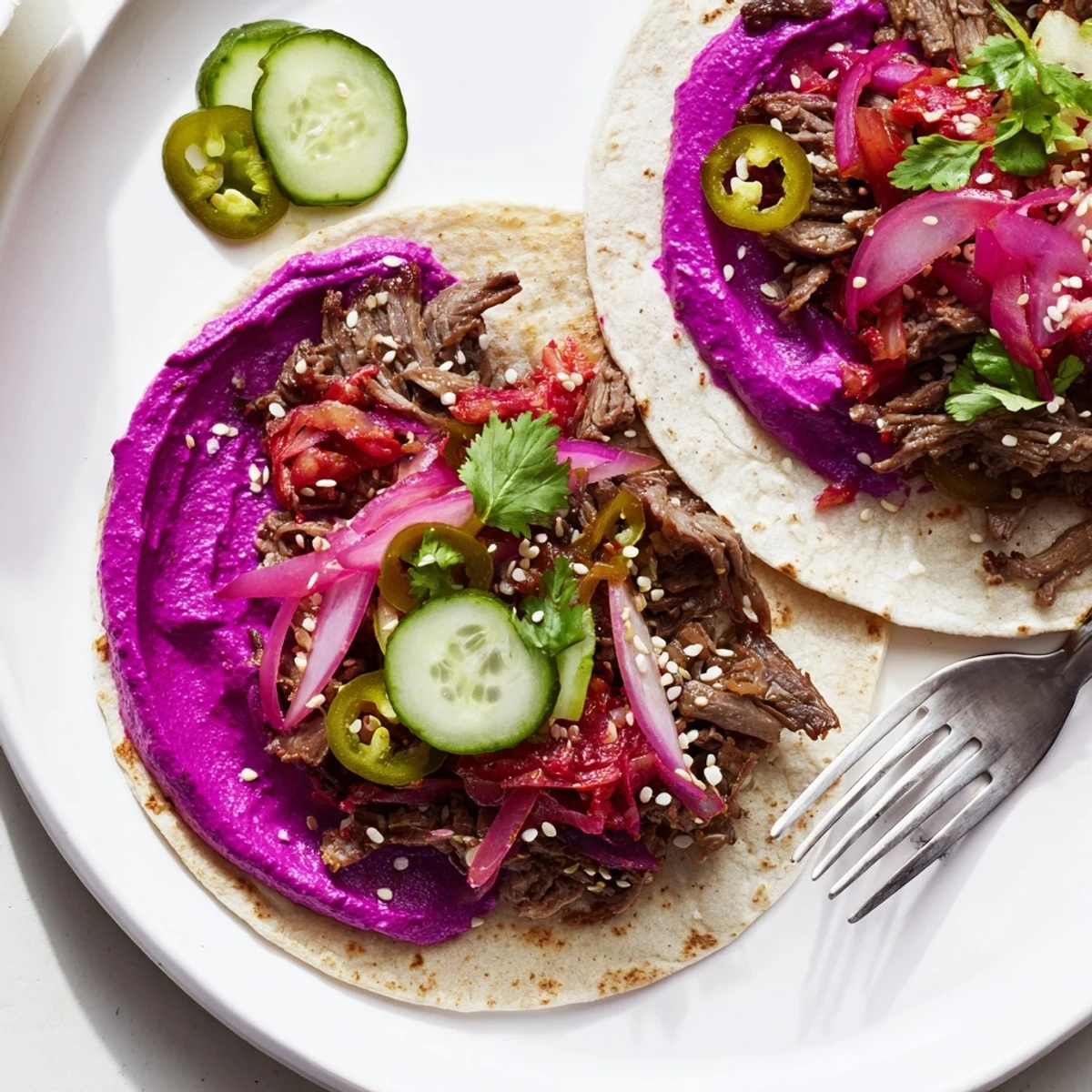 A plate of Global Street-Food Fusion Tacos, vibrant toppings bursting with flavor.  