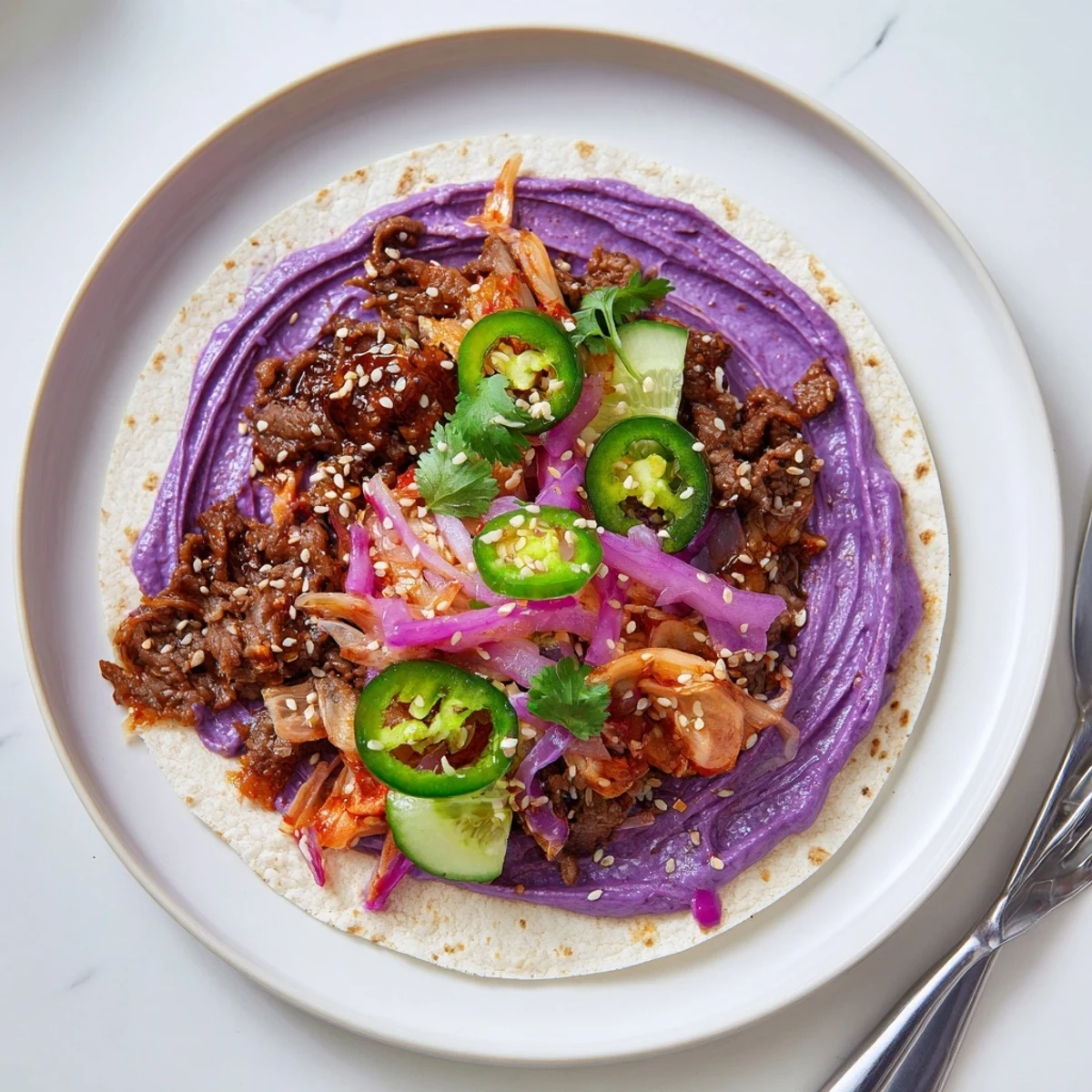 Flavorful Global Street-Food Fusion Bowls with colorful veggies and creamy ube crema.  