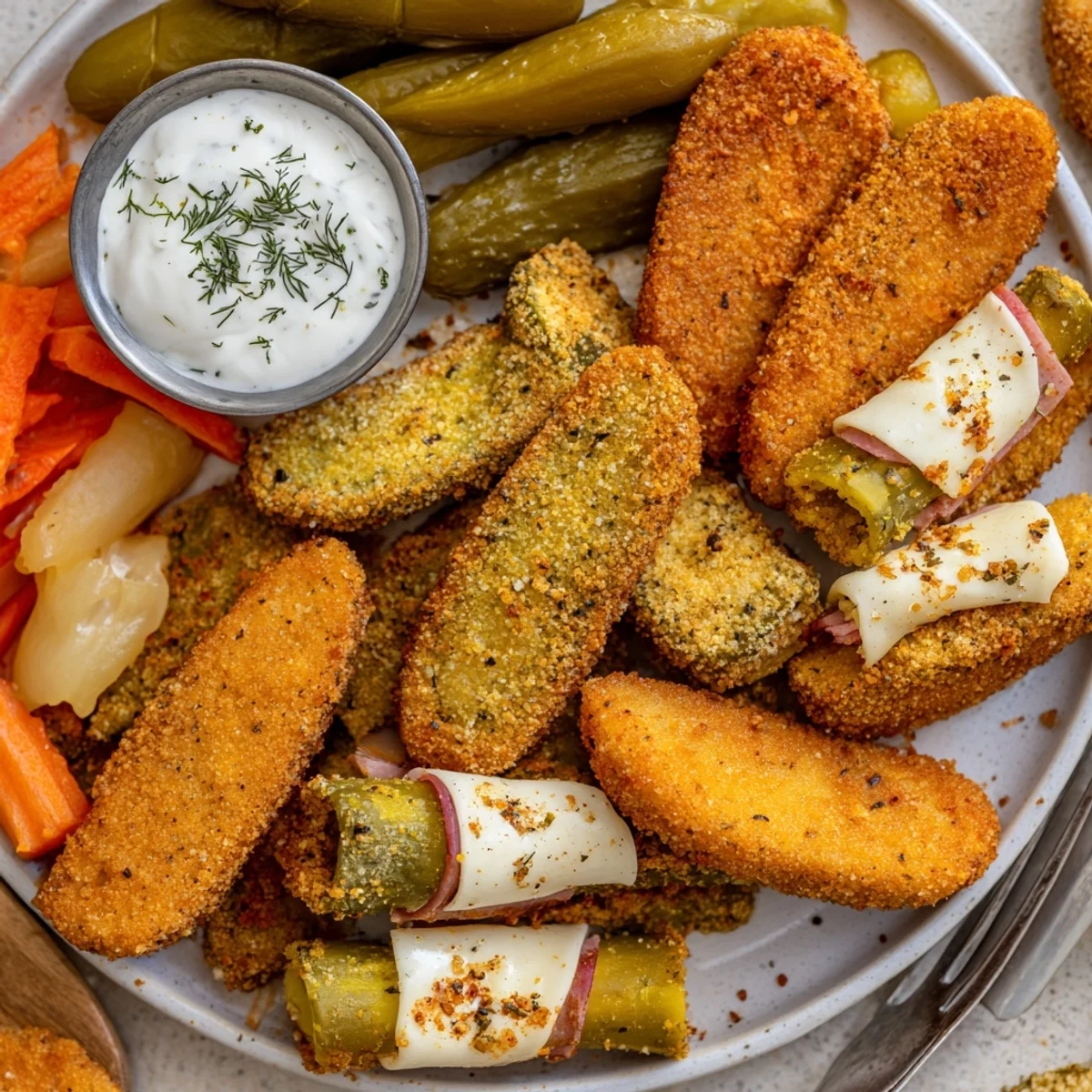 Crispy fried pickles complementing vibrant, colorful pickled vegetables in a delicious meal.  