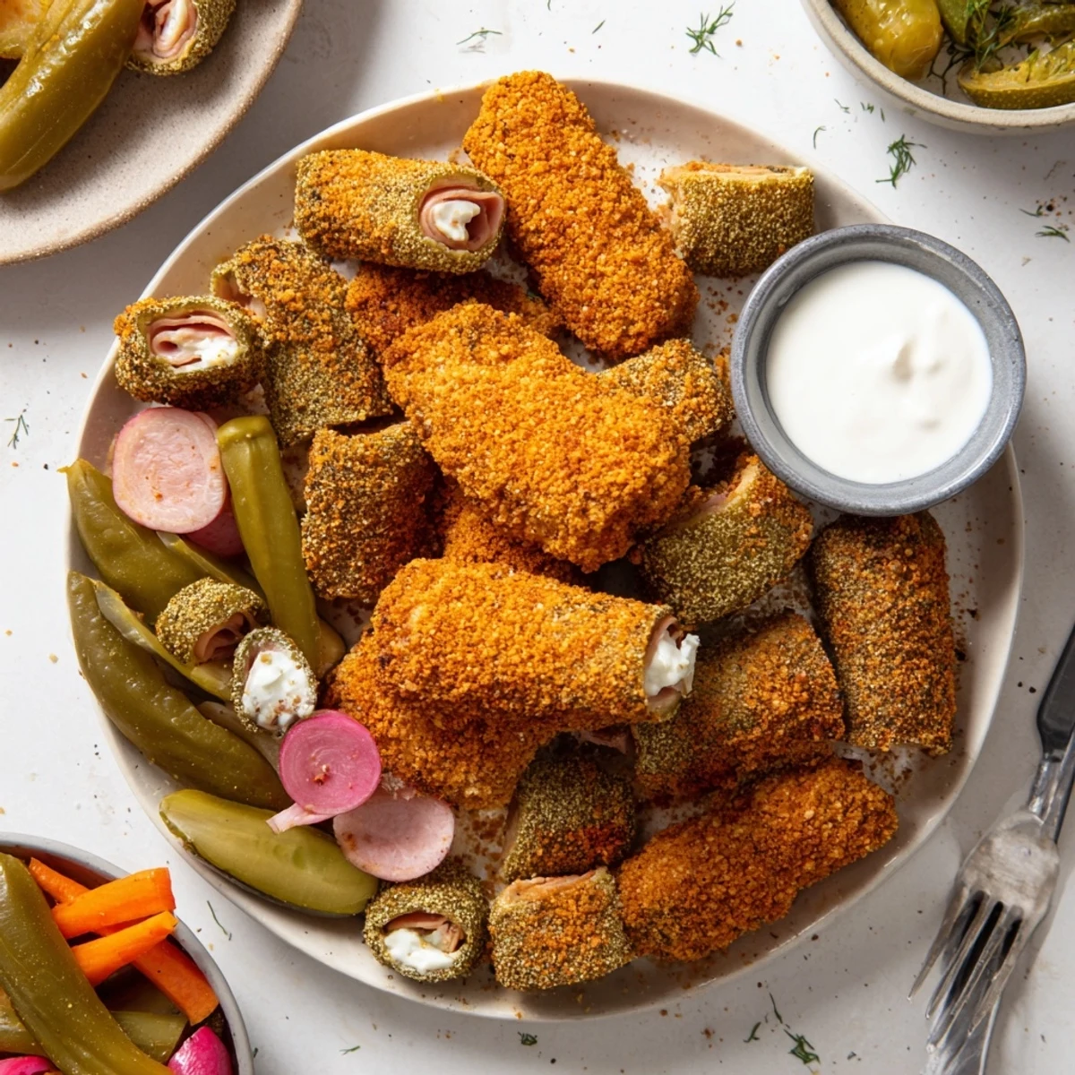 An appetizing spread of fried pickles and assorted pickled goodies for pickle enthusiasts.