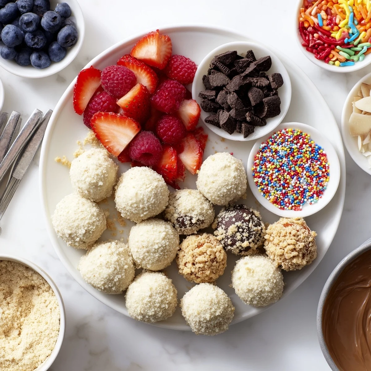 Interactive dessert board filled with indulgent cheesecake bites and colorful fruit options.  