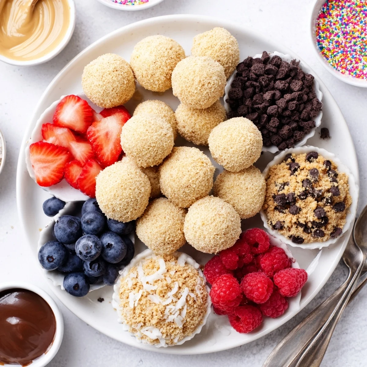 Deconstructed dessert board showcasing creamy cheesecake bites with vibrant fresh toppings.  