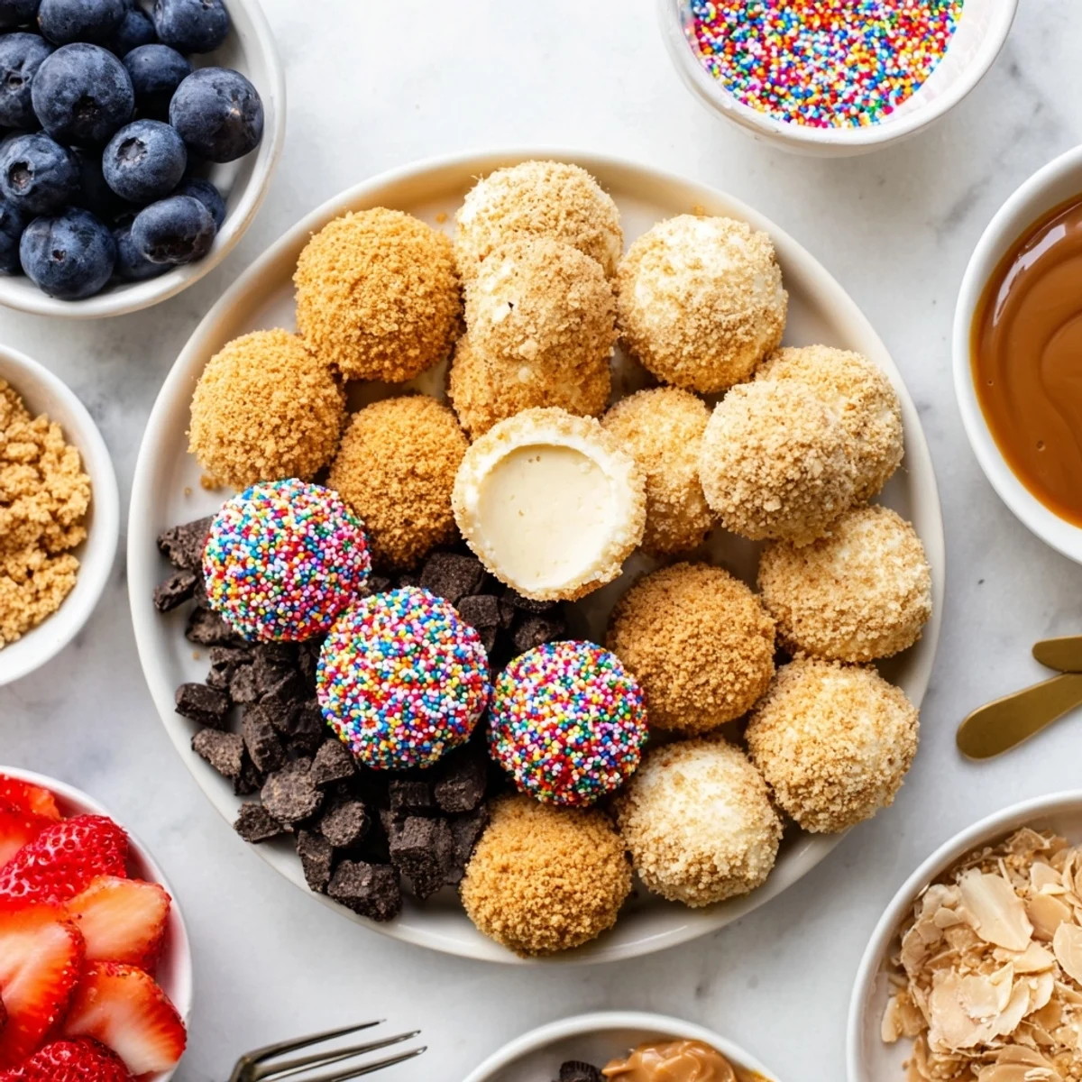 Creamy cheesecake bites arranged beautifully, perfect for a customizable dessert experience.